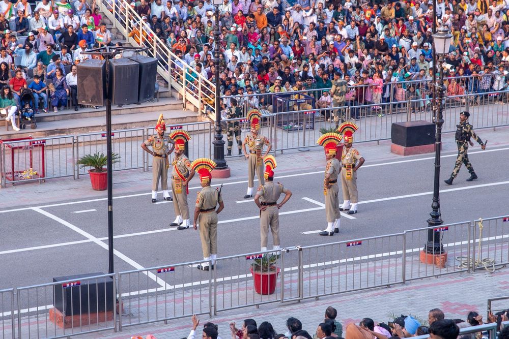 Border security personnel performing the evening drill at Attari-Wagah Border