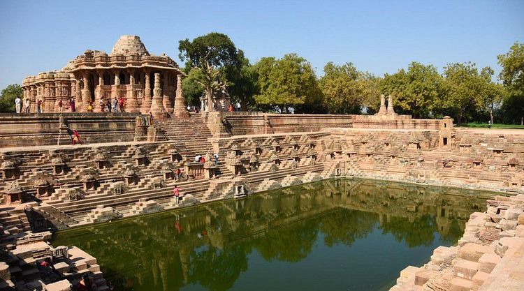 Symmetrical stone steps and shrines around the tank at Modhera Sun Temple