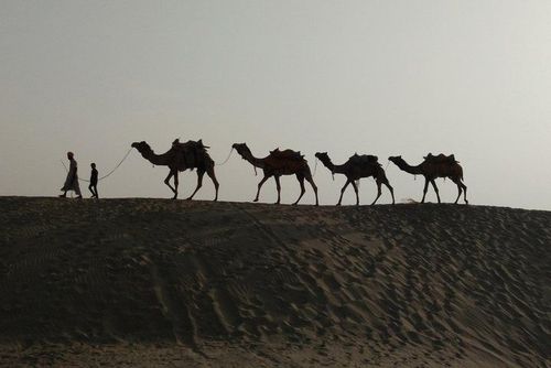 Visitors walking through Jaisalmer Old Bazaar beside golden sandstone shops and havelis